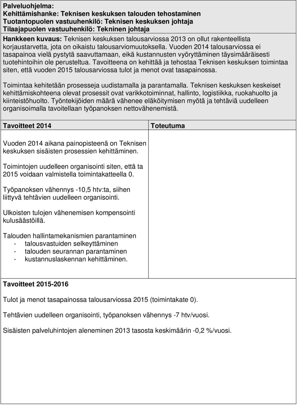 Tavoitteena on kehittää ja tehostaa Teknisen keskuksen toimintaa siten, että vuoden 2015 talousarviossa tulot ja menot ovat tasapainossa. Toimintaa kehitetään prosesseja uudistamalla ja parantamalla.