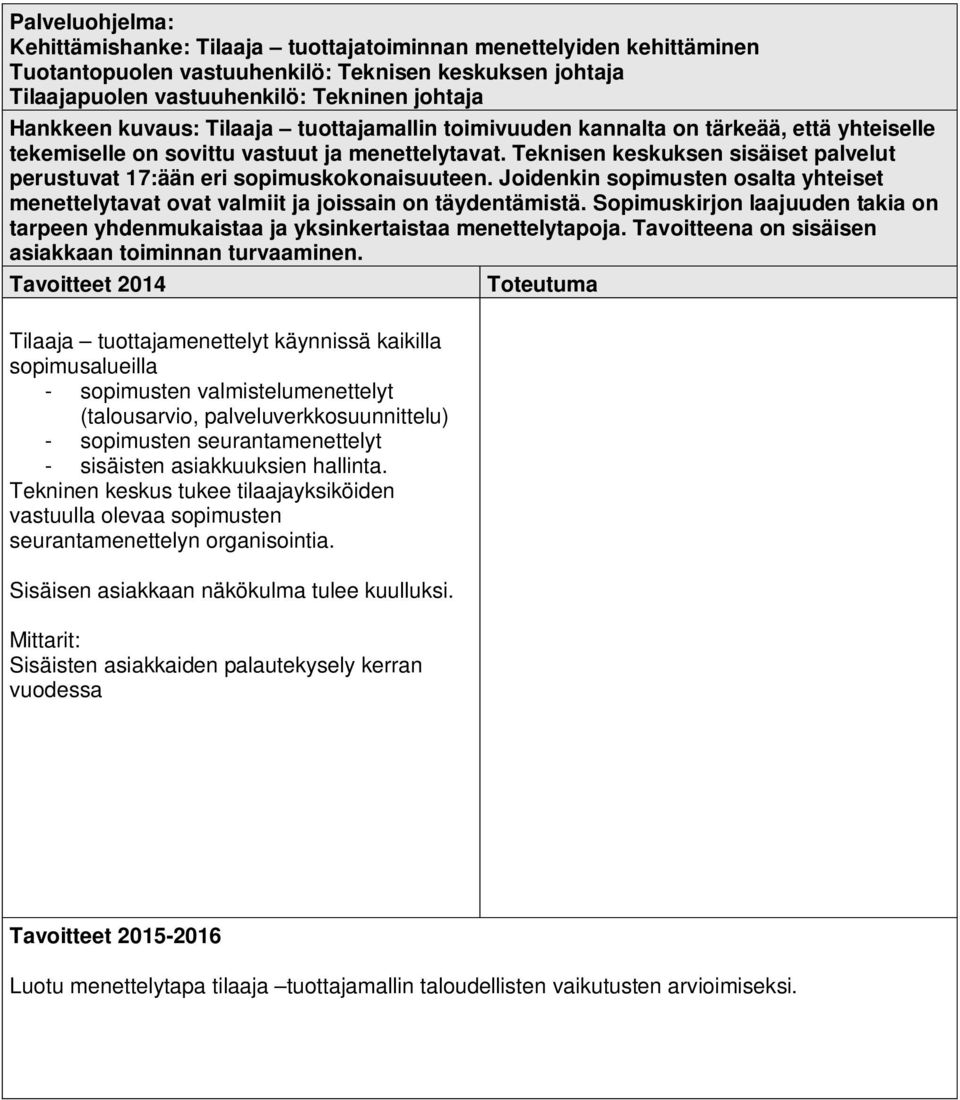 Sopimuskirjon laajuuden takia on tarpeen yhdenmukaistaa ja yksinkertaistaa menettelytapoja. Tavoitteena on sisäisen asiakkaan toiminnan turvaaminen.