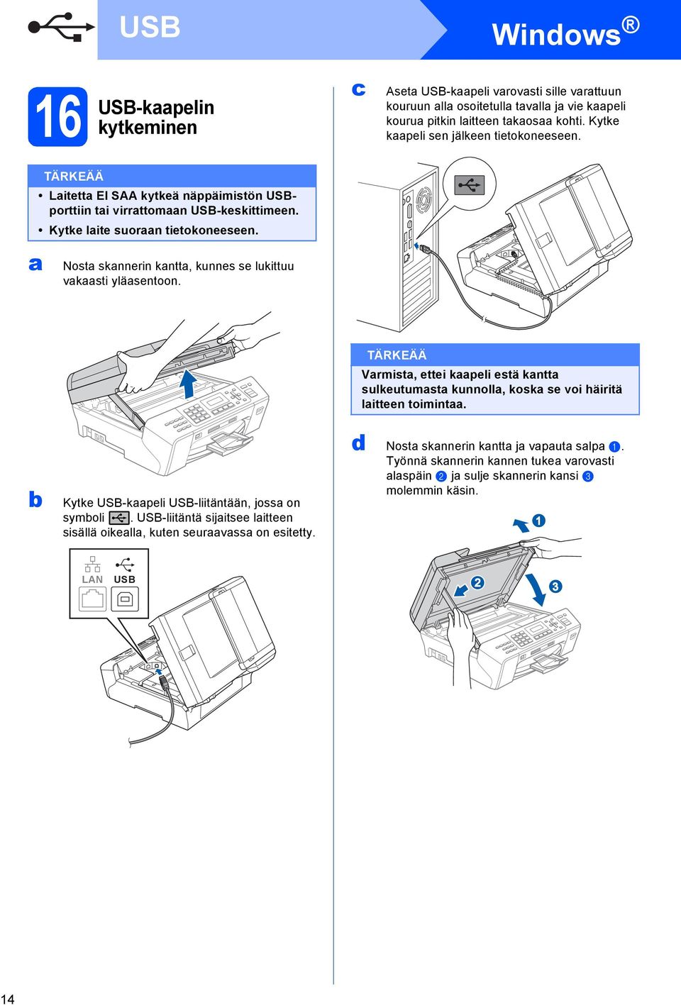 c Windows Aset USB-kpeli vrovsti sille vrttuun kouruun ll osoitetull tvll j vie kpeli kouru pitkin litteen tkos kohti. Kytke kpeli sen jälkeen tietokoneeseen.