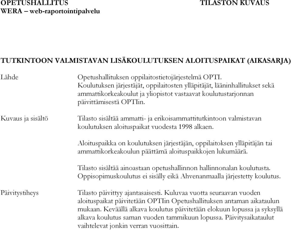 Aloituspaikka on koulutuksen järjestäjän, oppilaitoksen ylläpitäjän tai ammattikorkeakoulun päättämä aloituspaikkojen lukumäärä. Tilasto sisältää ainoastaan opetushallinnon hallinnonalan koulutusta.