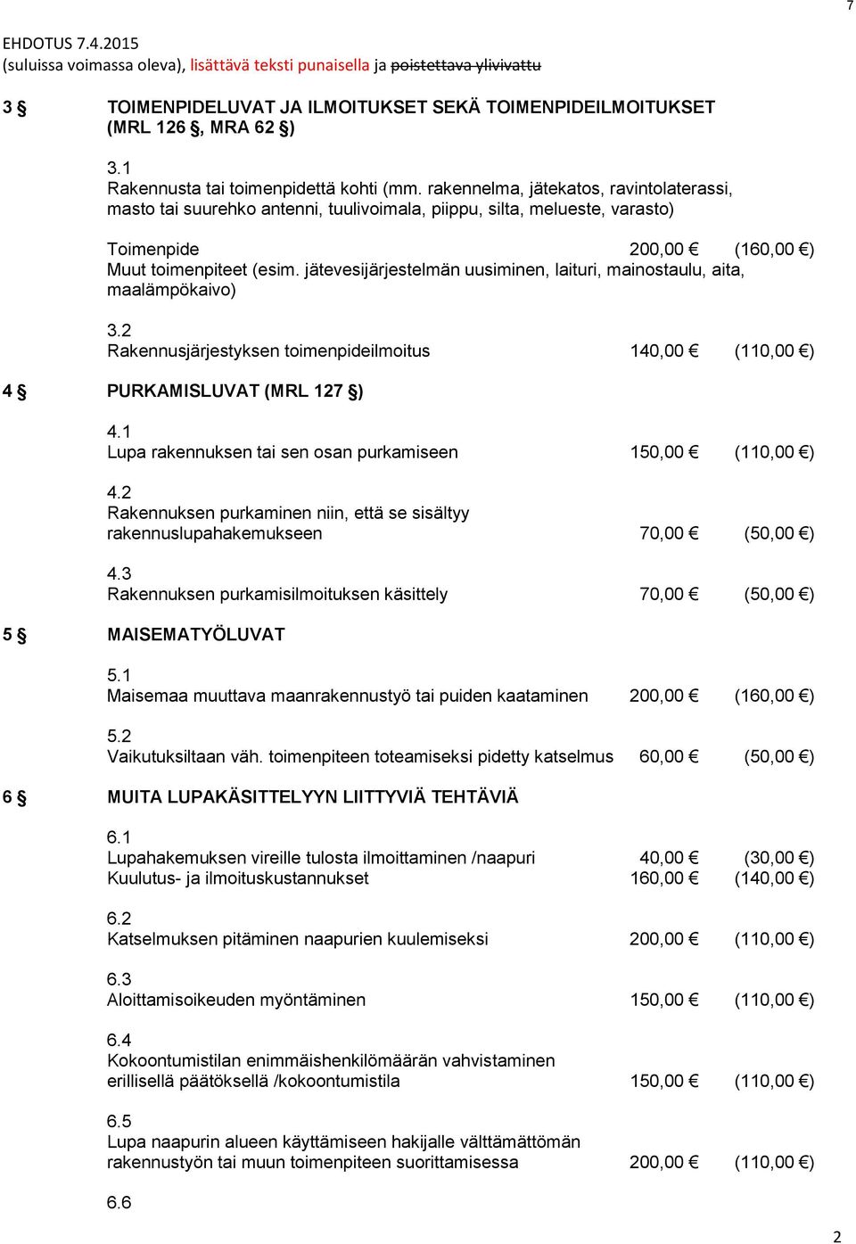 jätevesijärjestelmän uusiminen, laituri, mainostaulu, aita, maalämpökaivo) 3.2 Rakennusjärjestyksen toimenpideilmoitus 140,00 (110,00 ) 4 PURKAMISLUVAT (MRL 127 ) 4.