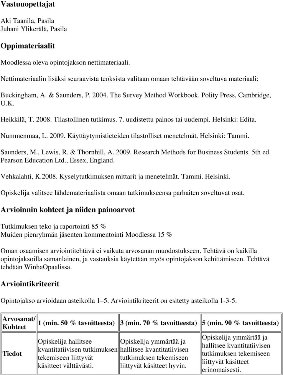 2008. Tilastollinen tutkimus. 7. uudistettu painos tai uudempi. Helsinki: Edita. Nummenmaa, L. 2009. Käyttäytymistieteiden tilastolliset menetelmät. Helsinki: Tammi. Saunders, M., Lewis, R.