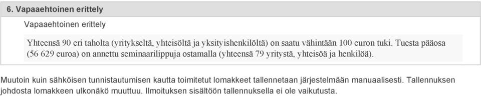 Tuesta pääosa (56 629 ) on annettu seminaarilippuja ostamalla (yhteensä 79 yritystä, yhteisöä ja henkilöä).