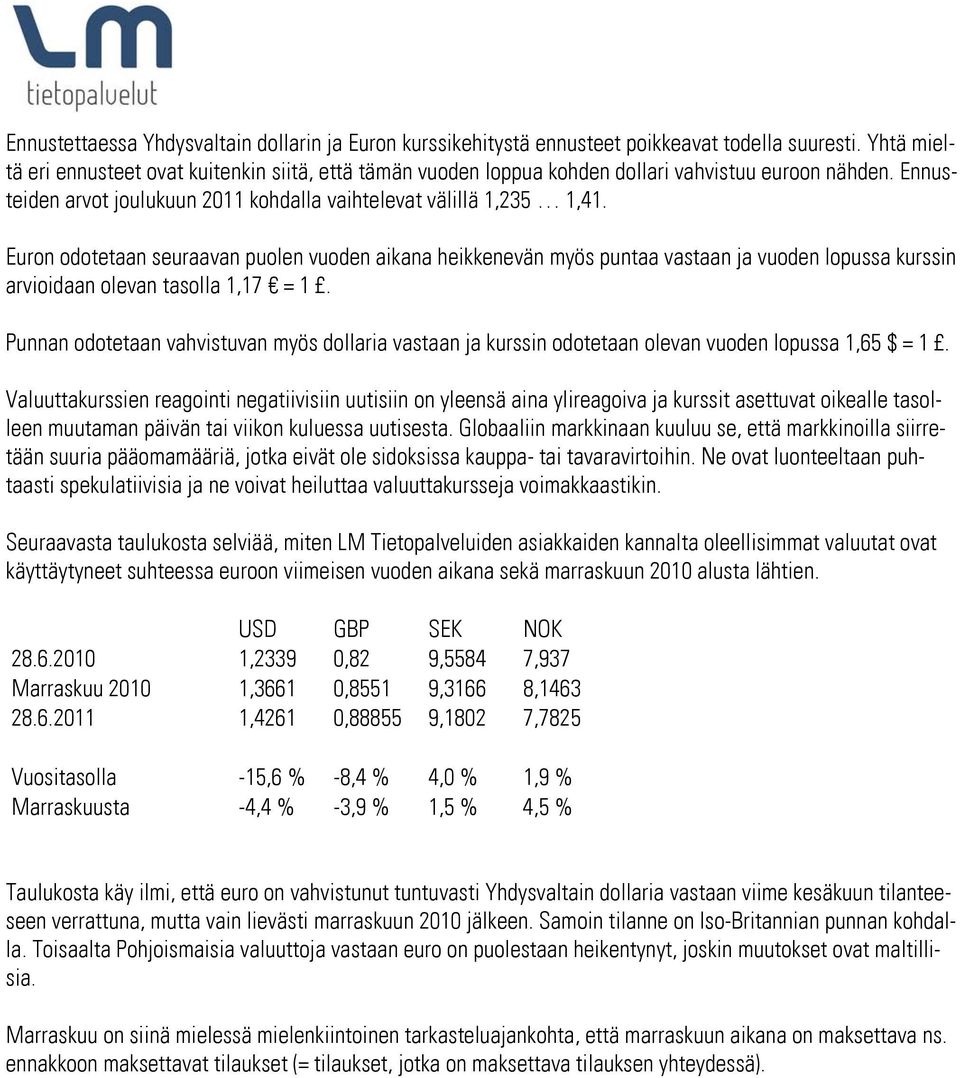 Euron odotetaan seuraavan puolen vuoden aikana heikkenevän myös puntaa vastaan ja vuoden lopussa kurssin arvioidaan olevan tasolla 1,17 = 1.