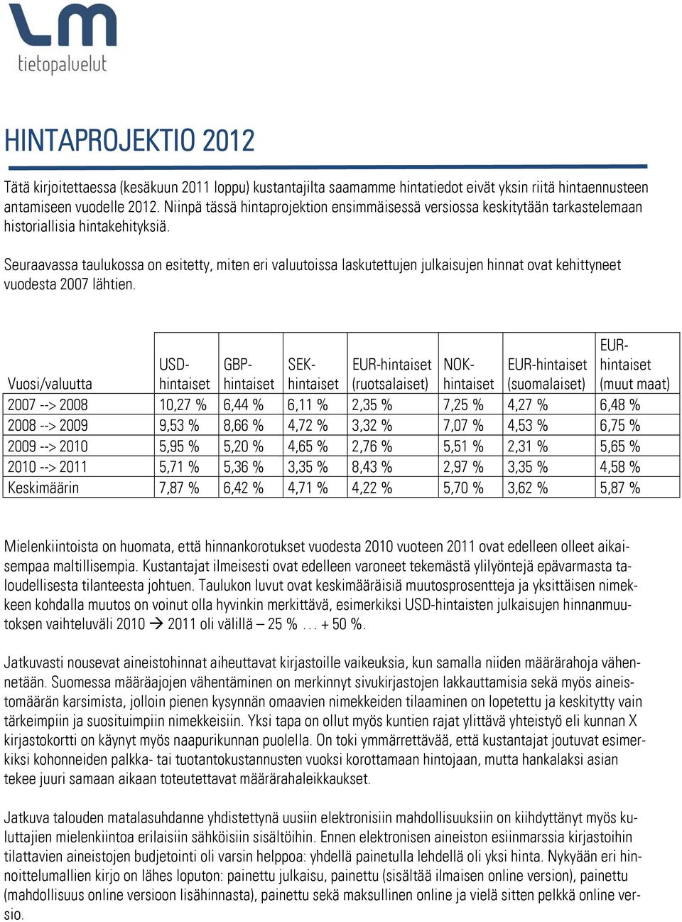 Seuraavassa taulukossa on esitetty, miten eri valuutoissa laskutettujen julkaisujen hinnat ovat kehittyneet vuodesta 2007 lähtien.