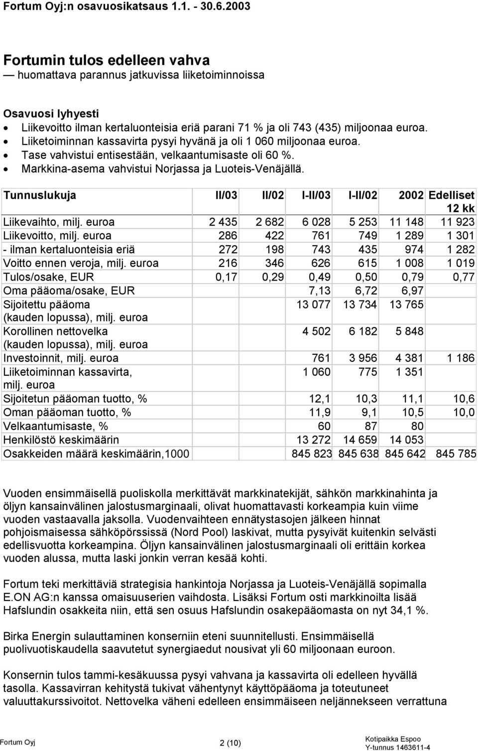 Liiketoiminnan kassavirta pysyi hyvänä ja oli 1 060 miljoonaa euroa. Tase vahvistui entisestään, velkaantumisaste oli 60 %. Markkina-asema vahvistui Norjassa ja Luoteis-Venäjällä.