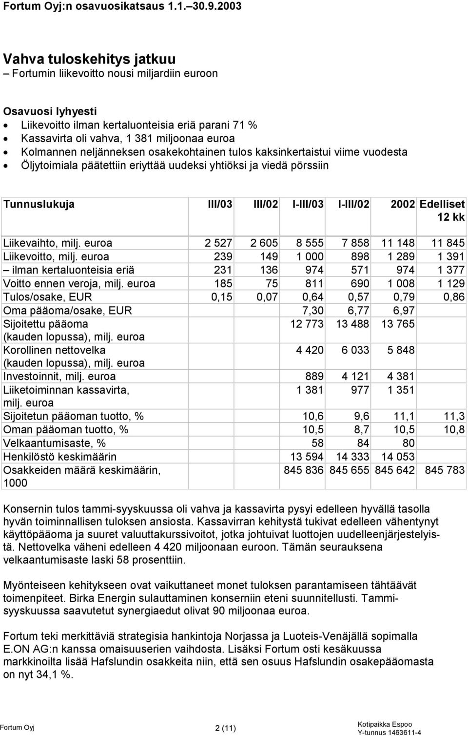 neljänneksen osakekohtainen tulos kaksinkertaistui viime vuodesta Öljytoimiala päätettiin eriyttää uudeksi yhtiöksi ja viedä pörssiin Tunnuslukuja III/03 III/02 I-III/03 I-III/02 2002 Edelliset