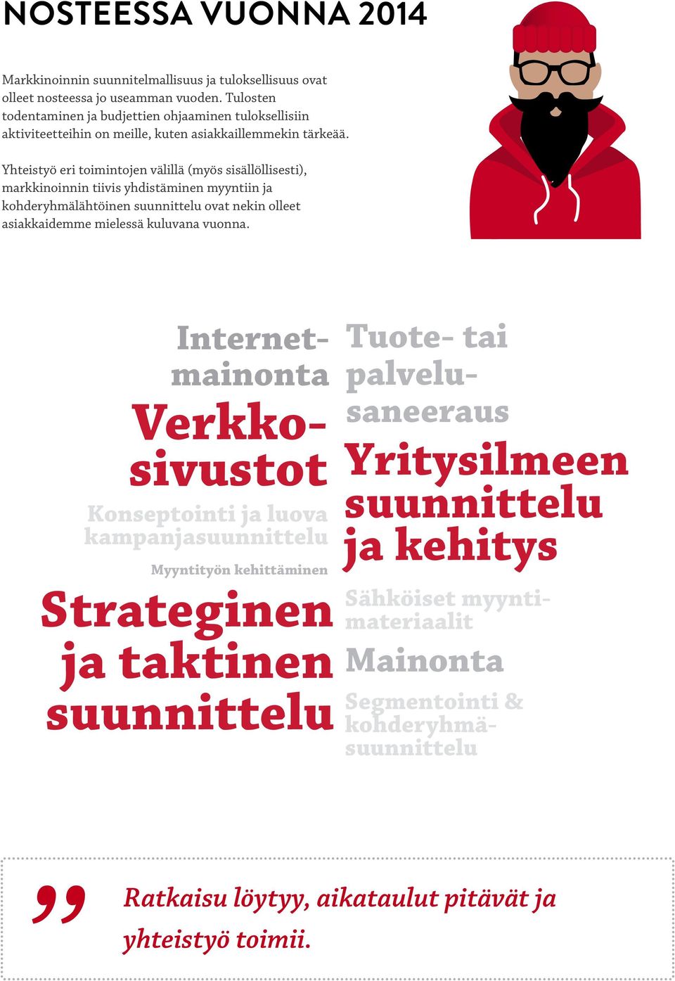 Yhteistyö eri toimintojen välillä (myös sisällöllisesti), markkinoinnin tiivis yhdistäminen myyntiin ja kohderyhmälähtöinen suunnittelu ovat nekin olleet asiakkaidemme mielessä kuluvana