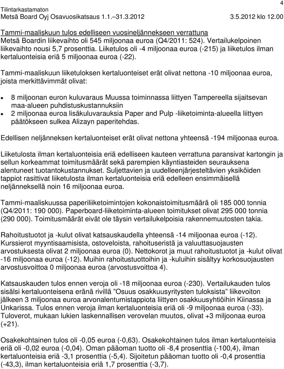 Tammi-maaliskuun liiketuloksen kertaluonteiset erät olivat nettona -10 miljoonaa euroa, joista merkittävimmät olivat: 8 miljoonan euron kuluvaraus Muussa toiminnassa liittyen Tampereella sijaitsevan