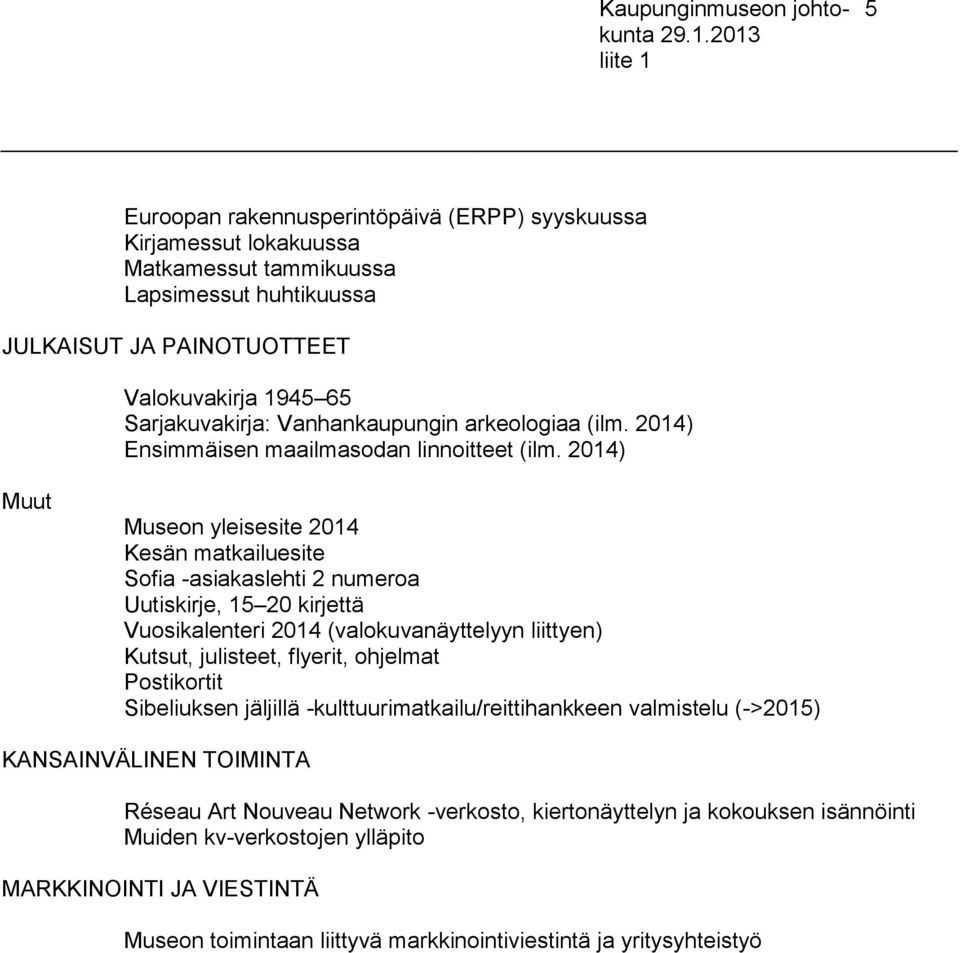 2014) Muut Museon yleisesite 2014 Kesän matkailuesite Sofia -asiakaslehti 2 numeroa Uutiskirje, 15 20 kirjettä Vuosikalenteri 2014 (valokuvanäyttelyyn liittyen) Kutsut, julisteet, flyerit,