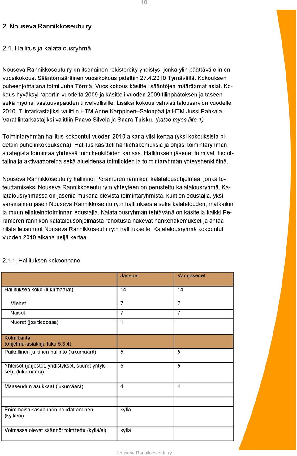 Kokous hyväksyi raportin vuodelta 2009 ja käsitteli vuoden 2009 tilinpäätöksen ja taseen sekä myönsi vastuuvapauden tilivelvollisille. Lisäksi kokous vahvisti talousarvion vuodelle 2010.
