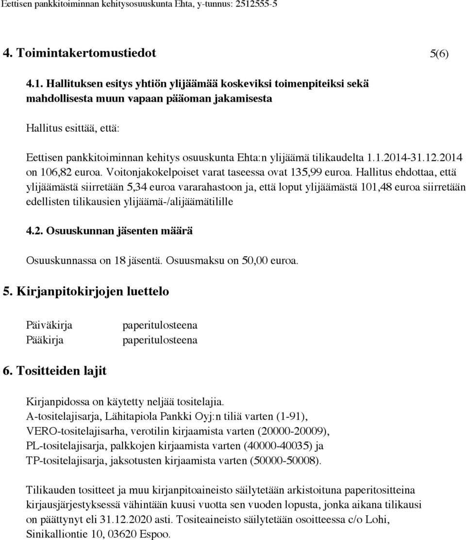 tilikaudelta 1.1.2014-31.12.2014 on 106,82 euroa. Voitonjakokelpoiset varat taseessa ovat 135,99 euroa.