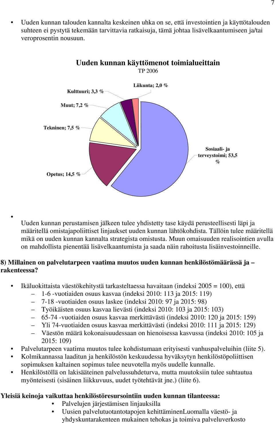 Uuden kunnan käyttömenot toimialueittain TP 2006 Kulttuuri; 3,3 % Liikunta; 2,0 % Muut; 7,2 % Tekninen; 7,5 % Sosiaali- ja terveystoimi; 53,5 % Opetus; 14,5 % Uuden kunnan perustamisen jälkeen tulee