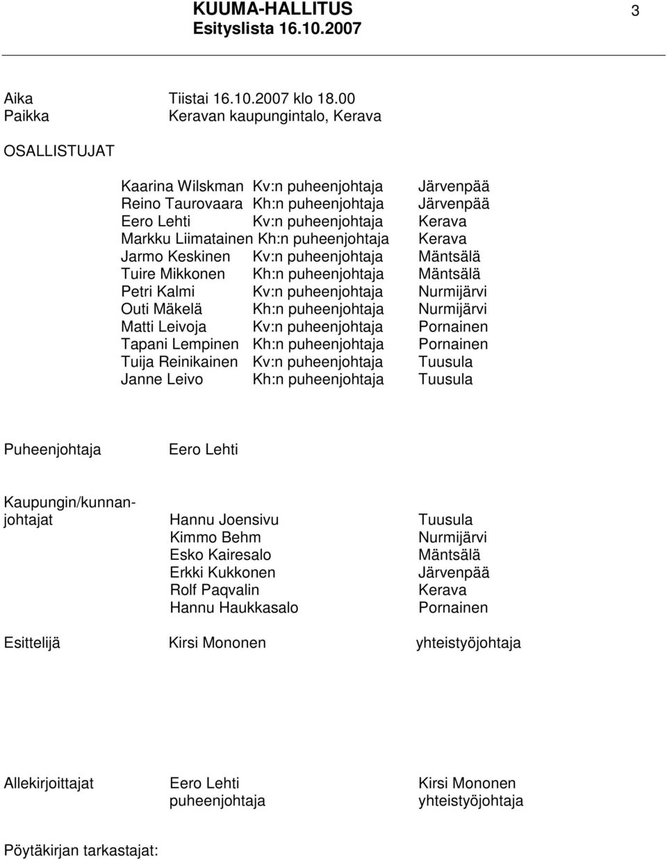 Liimatainen Kh:n puheenjohtaja Kerava Jarmo Keskinen Kv:n puheenjohtaja Mäntsälä Tuire Mikkonen Kh:n puheenjohtaja Mäntsälä Petri Kalmi Kv:n puheenjohtaja Nurmijärvi Outi Mäkelä Kh:n puheenjohtaja