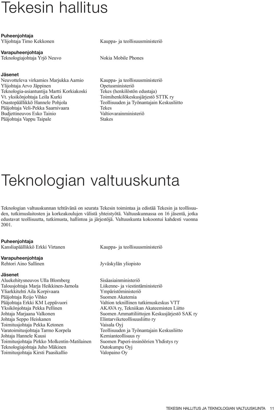 yksikönjohtaja Leila Kurki Osastopäällikkö Hannele Pohjola Pääjohtaja Veli-Pekka Saarnivaara Budjettineuvos Esko Tainio Pääjohtaja Vappu Taipale Kauppa- ja teollisuusministeriö Opetusministeriö Tekes