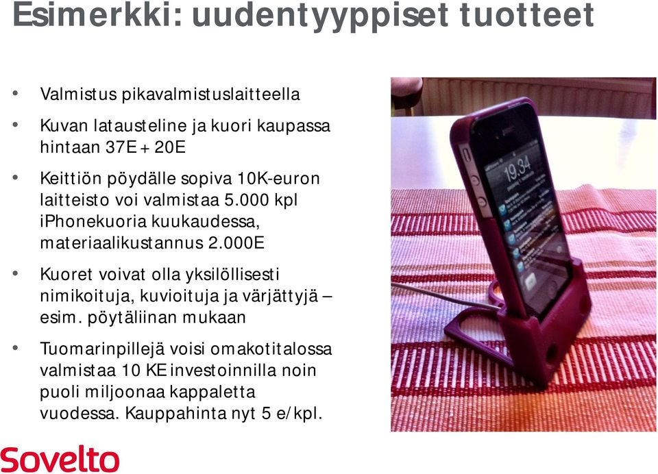 000 kpl iphonekuoria kuukaudessa, materiaalikustannus 2.
