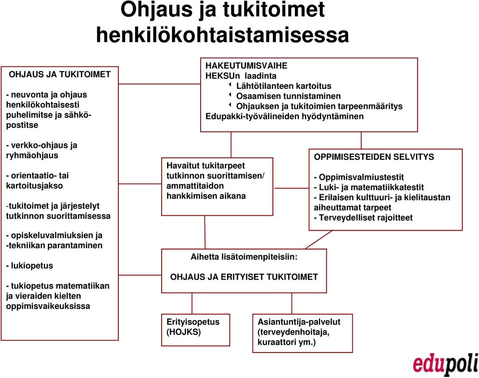 tutkinnon suorittamisessa Havaitut tukitarpeet tutkinnon suorittamisen/ ammattitaidon hankkimisen aikana OPPIMISESTEIDEN SELVITYS - Oppimisvalmiustestit - Luki- ja matematiikkatestit - Erilaisen