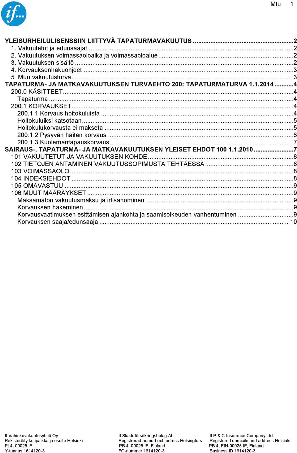 ..4 Hoitokuluiksi katsotaan...5 Hoitokulukorvausta ei makseta...5 200.1.2 Pysyvän haitan korvaus...6 200.1.3 Kuolemantapauskorvaus...7 SAIRAUS-, TAPATURMA- JA MATKAVAKUUTUKSEN YLEISET EHDOT 100 1.1.2010.