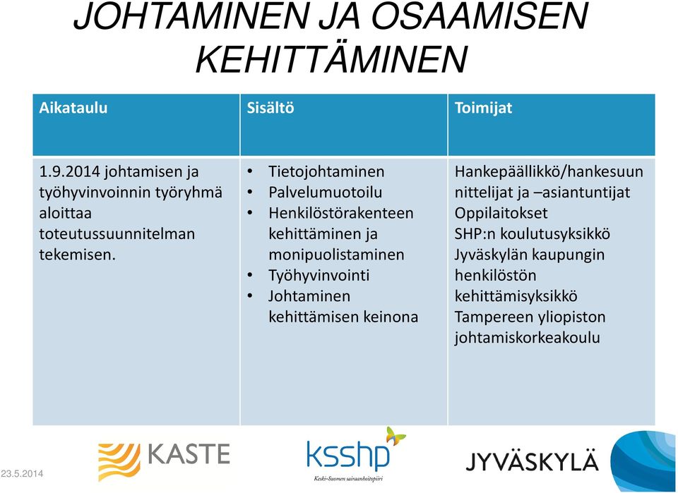 Tietojohtaminen Palvelumuotoilu Henkilöstörakenteen kehittäminen ja monipuolistaminen Työhyvinvointi Johtaminen