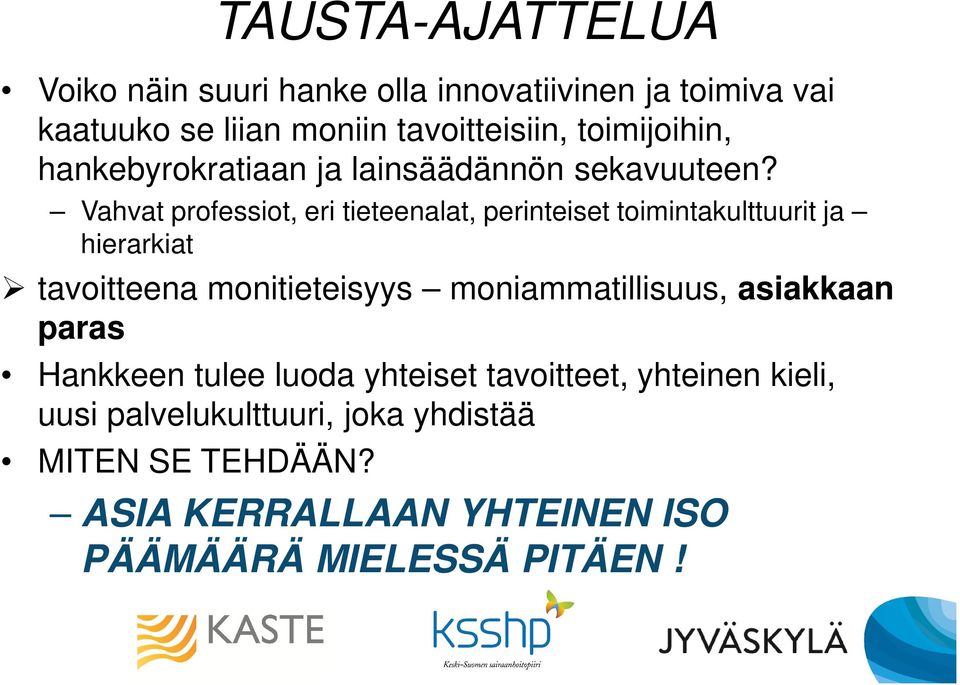 Vahvat professiot, eri tieteenalat, perinteiset toimintakulttuurit ja hierarkiat tavoitteena monitieteisyys