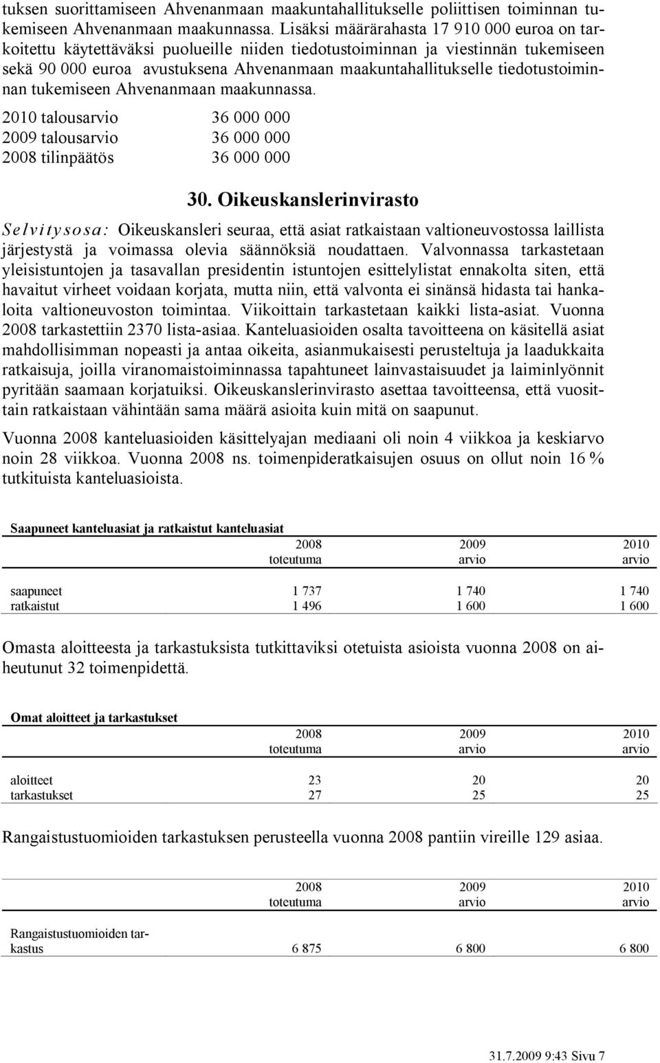 tiedotustoiminnan tukemiseen Ahvenanmaan maakunnassa. 2010 talous 36 000 000 2009 talous 36 000 000 2008 tilinpäätös 36 000 000 30.