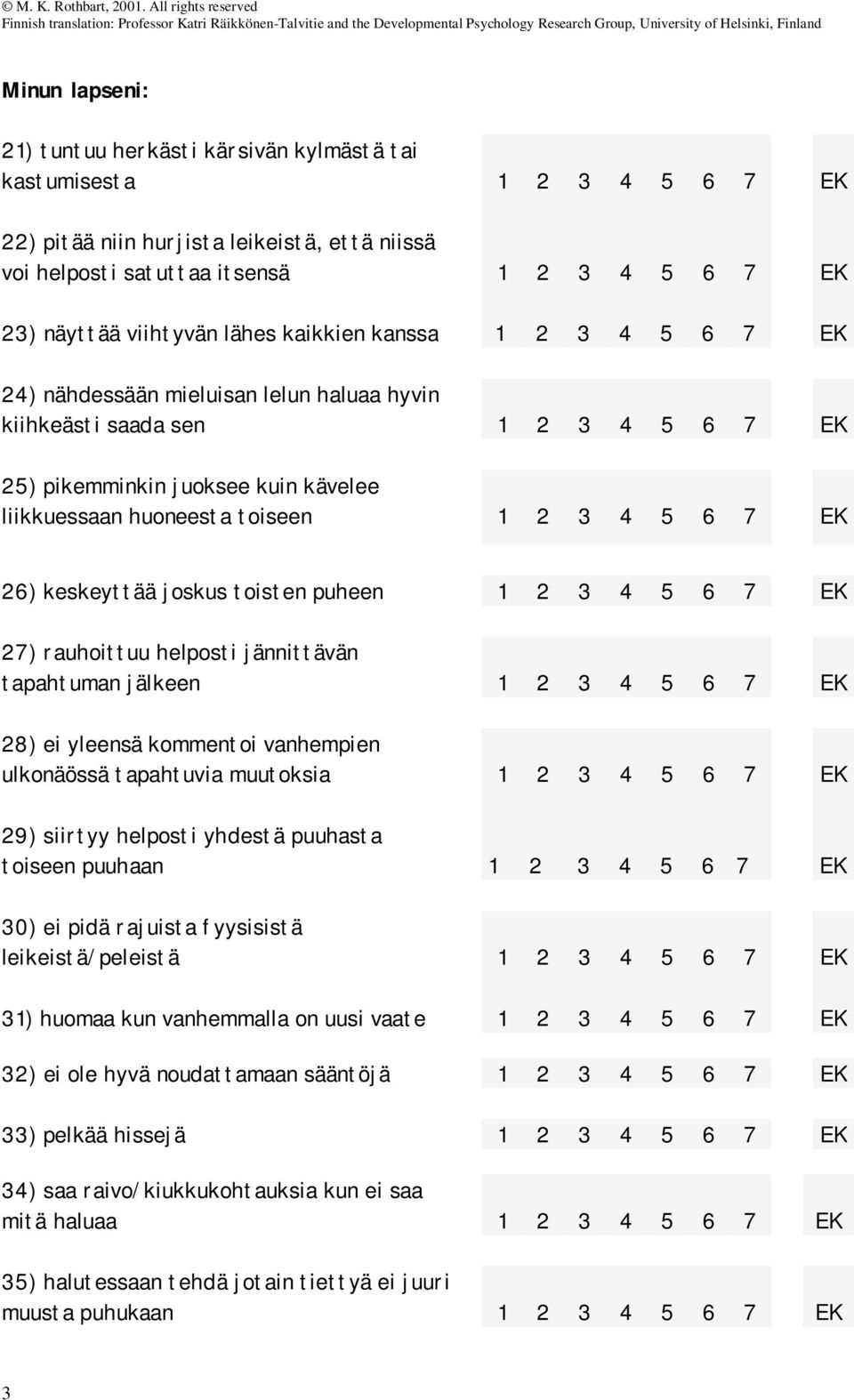 tapahtuman jälkeen 28) ei yleensä kommentoi vanhempien ulkonäössä tapahtuvia muutoksia 29) siirtyy helposti yhdestä puuhasta toiseen puuhaan 30) ei pidä rajuista fyysisistä leikeistä/peleistä 31)