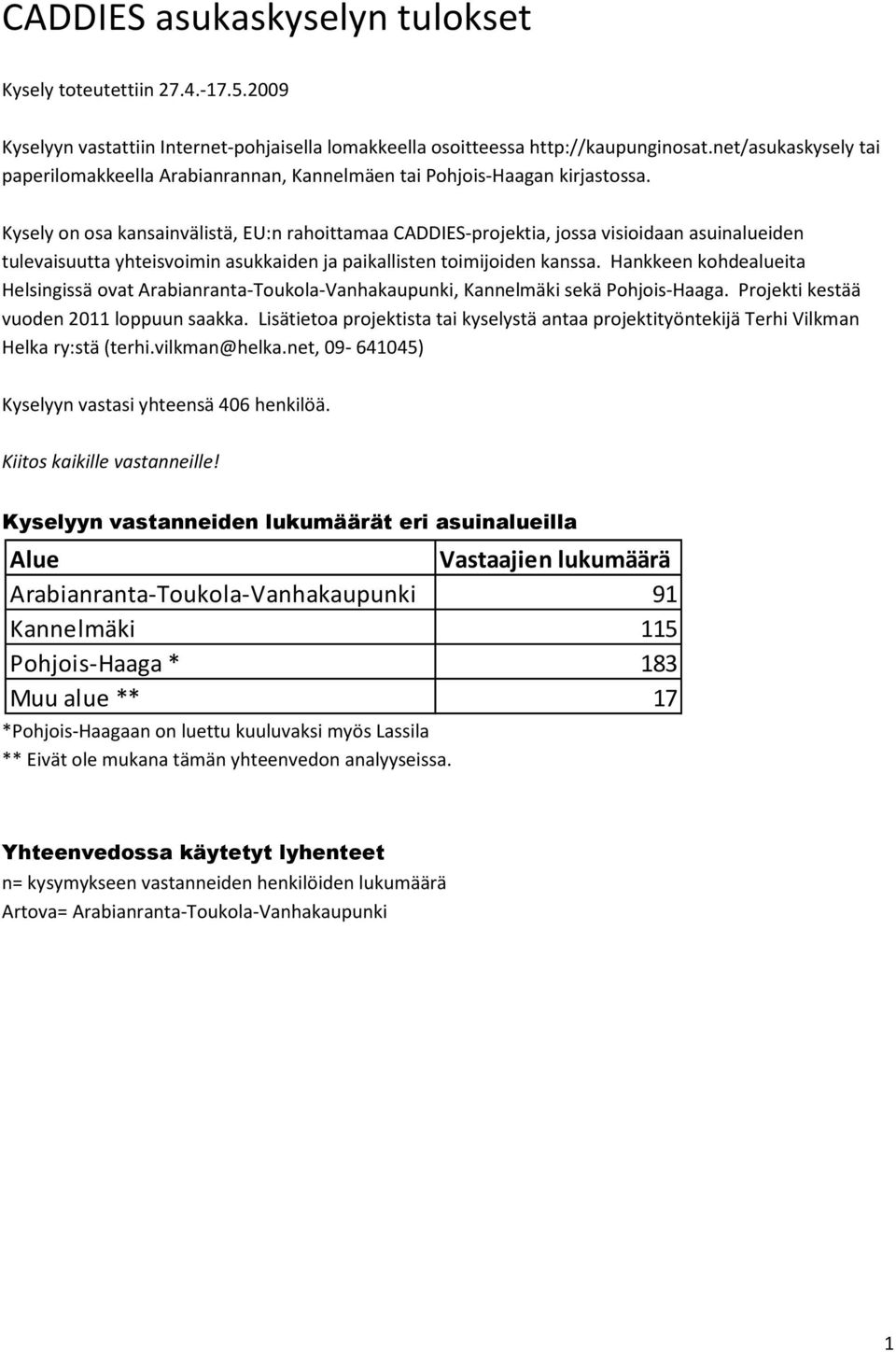 Kysely on osa kansainvälistä, EU:n rahoittamaa CADDIES-projektia, jossa visioidaan asuinalueiden tulevaisuutta yhteisvoimin asukkaiden ja paikallisten toimijoiden kanssa.