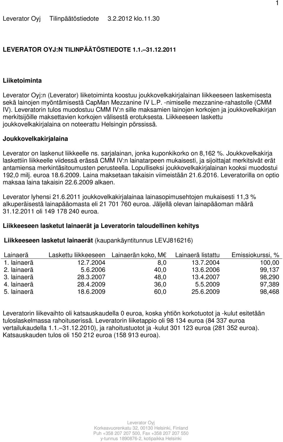 Liikkeeseen laskettu joukkovelkakirjalaina on noteerattu Helsingin pörssissä. Joukkovelkakirjalaina Leverator on laskenut liikkeelle ns. sarjalainan, jonka kuponkikorko on 8,162 %.