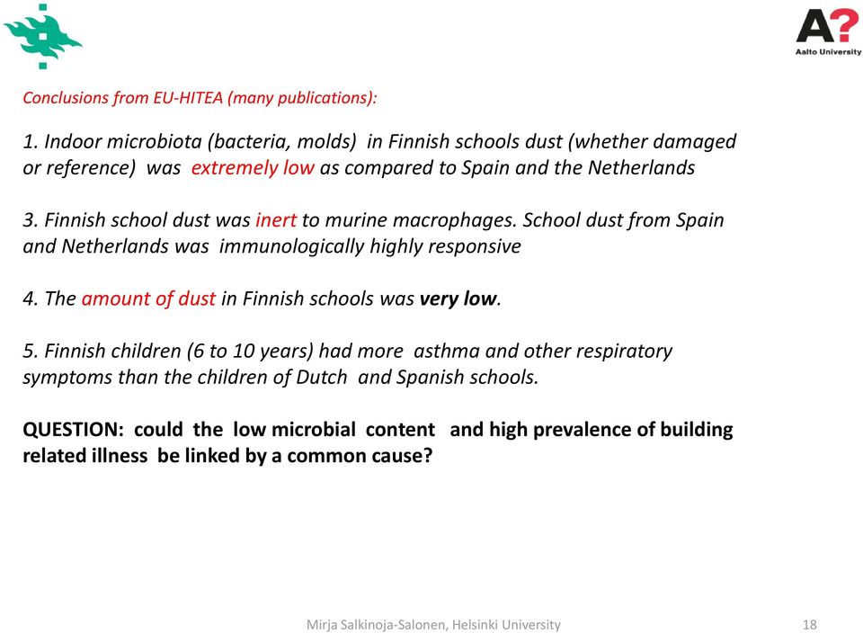 Finnish school dust was inert to murine macrophages. School dust from Spain and Netherlands was immunologically highly responsive 4.