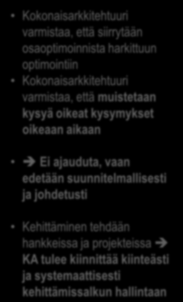 Pitäisi kehittää X:ää KA-menetelmän käyttö Kuka tarvitsee ja mitä? Toiminnan tarpeet Tietoturvatarpeet Yhteentoimivuuden tarpeet Miten tukee strategiaa? Miten toimitaan?