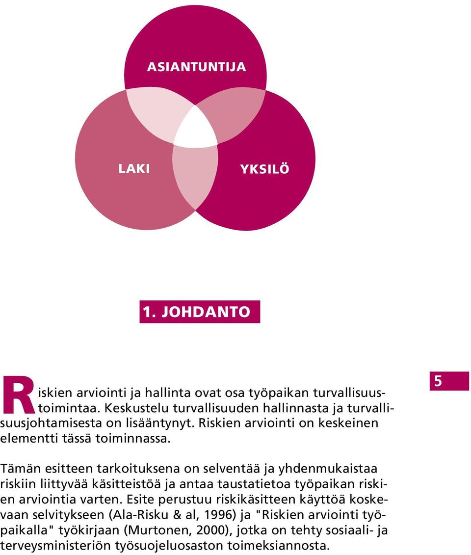 5 Tämän esitteen tarkoituksena on selventää ja yhdenmukaistaa riskiin liittyvää käsitteistöä ja antaa taustatietoa työpaikan riskien arviointia varten.