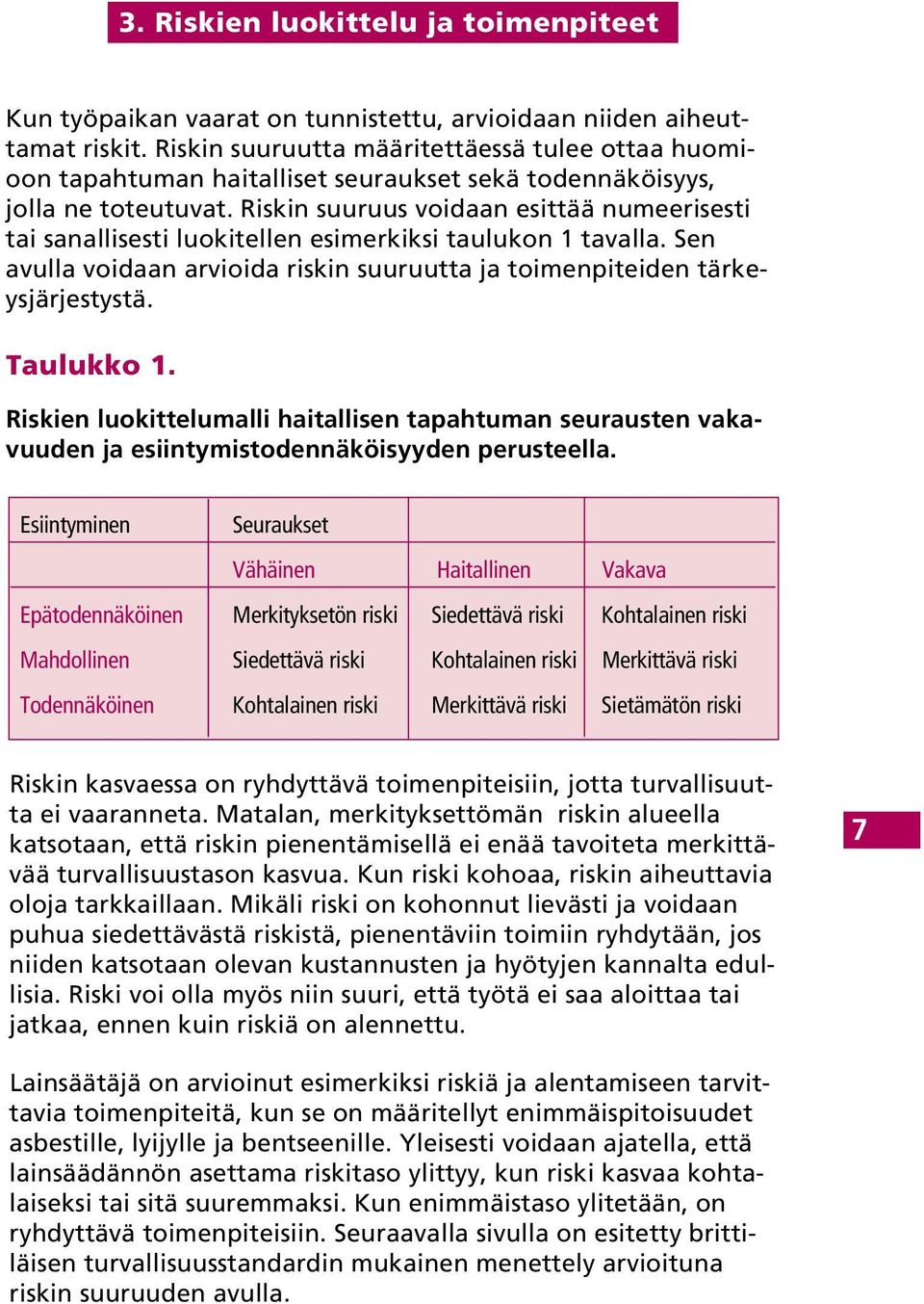 Riskin suuruus voidaan esittää numeerisesti tai sanallisesti luokitellen esimerkiksi taulukon 1 tavalla. Sen avulla voidaan arvioida riskin suuruutta ja toimenpiteiden tärkeysjärjestystä. Taulukko 1.