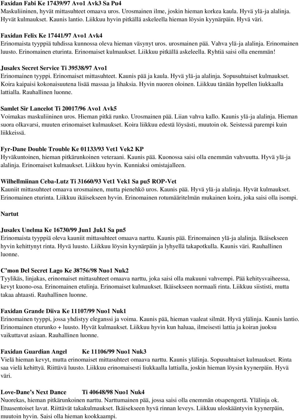 Vahva ylä-ja alalinja. Erinomainen luusto. Erinomainen eturinta. Erinomaiset kulmaukset. Liikkuu pitkällä askeleella. Ryhtiä saisi olla enemmän!