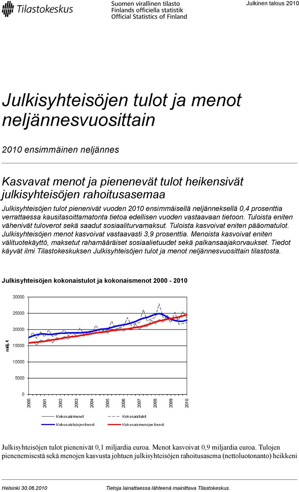 Tuloista eniten vähenivät tuloverot sekä saadut sosiaaliturvamaksut. Tuloista kasvoivat eniten pääomatulot. Julkisyhteisöjen menot kasvoivat vastaavasti 3,9 prosenttia.