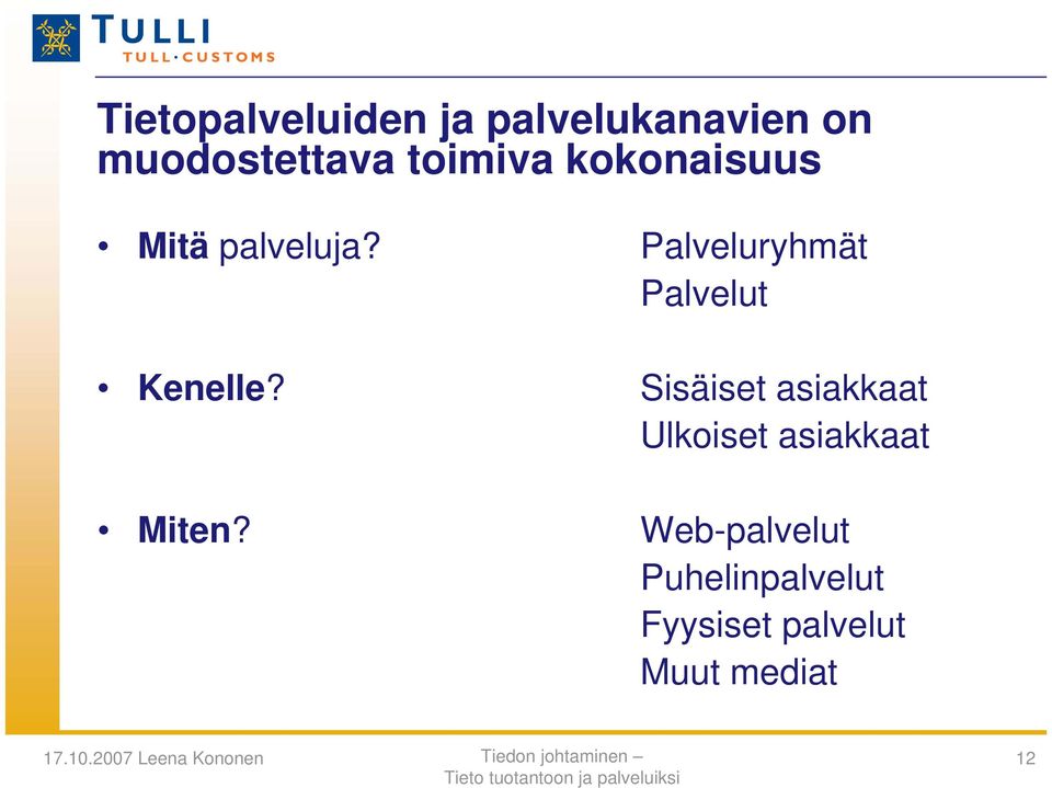 Palveluryhmät Palvelut Sisäiset asiakkaat Ulkoiset