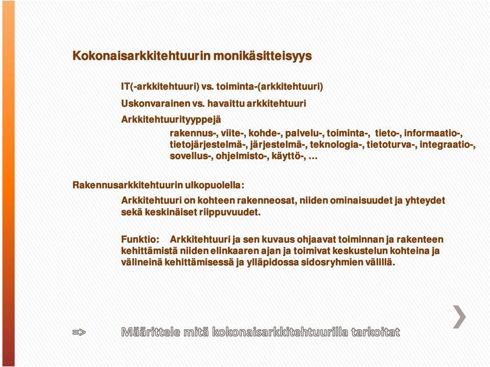 tietoturva-, integraatio-, sovellus-, ohjelmisto-, käyttö-, Rakennusarkkitehtuurin ulkopuolella: Arkkitehtuuri on kohteen rakenneosat, niiden ominaisuudet ja yhteydet