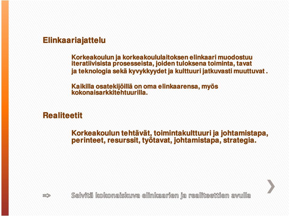 muuttuvat. Kaikilla osatekijöillä on oma elinkaarensa, myös kokonaisarkkitehtuurilla.