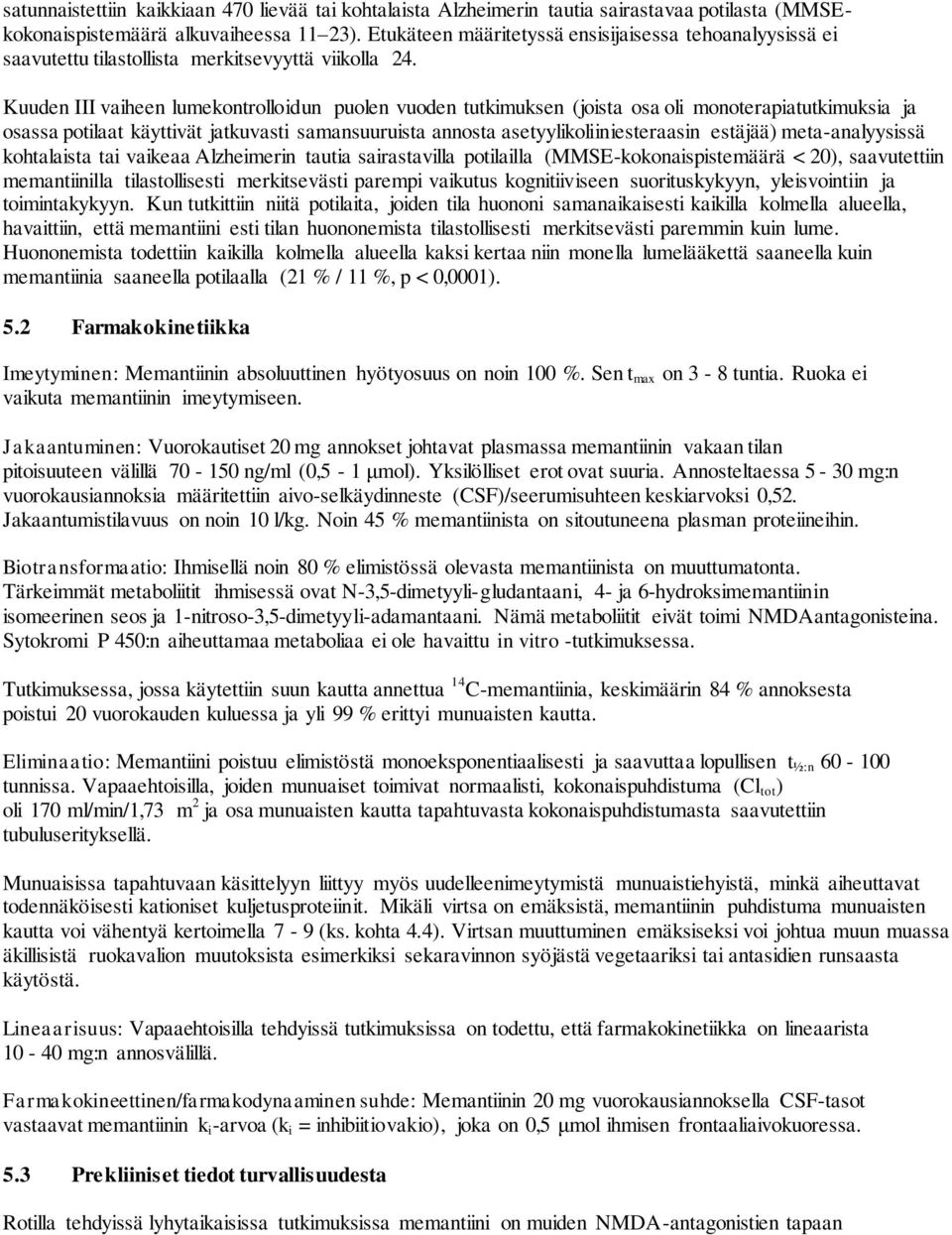 Kuuden III vaiheen lumekontrolloidun puolen vuoden tutkimuksen (joista osa oli monoterapiatutkimuksia ja osassa potilaat käyttivät jatkuvasti samansuuruista annosta asetyylikoliiniesteraasin estäjää)