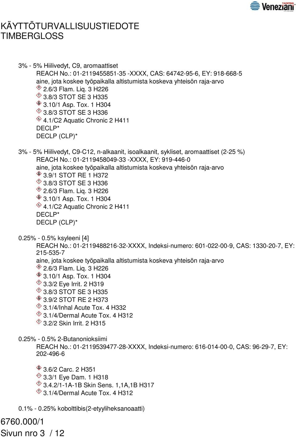 1/C2 Aquatic Chronic 2 H411 DECLP* DECLP (CLP)* 3% - 5% Hiilivedyt, C9-C12, n-alkaanit, isoalkaanit, sykliset, aromaattiset (2-25 %) REACH No.