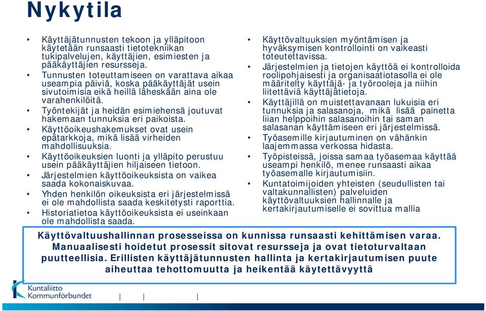 Työntekijät ja heidän esimiehensä joutuvat hakemaan tunnuksia eri paikoista. Käyttöoikeushakemukset ovat usein epätarkkoja, mikä lisää virheiden mahdollisuuksia.