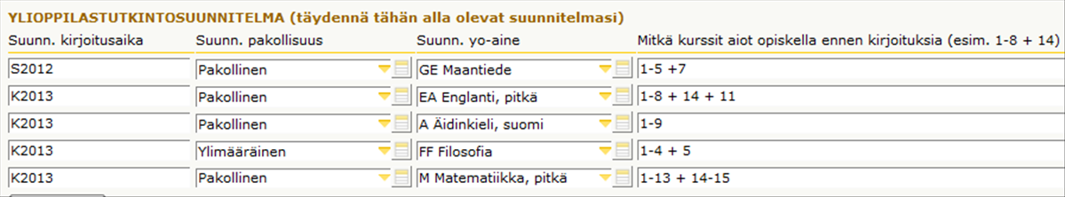 SÄHKÖINEN OPINTOSUUNNITELMA OSA 2 - YLIOPPILASTUTKINTOSUUNNITELMA Opintosuunnitelma-lomake sisältää myös ylioppilastutkintosuunnitelman ja