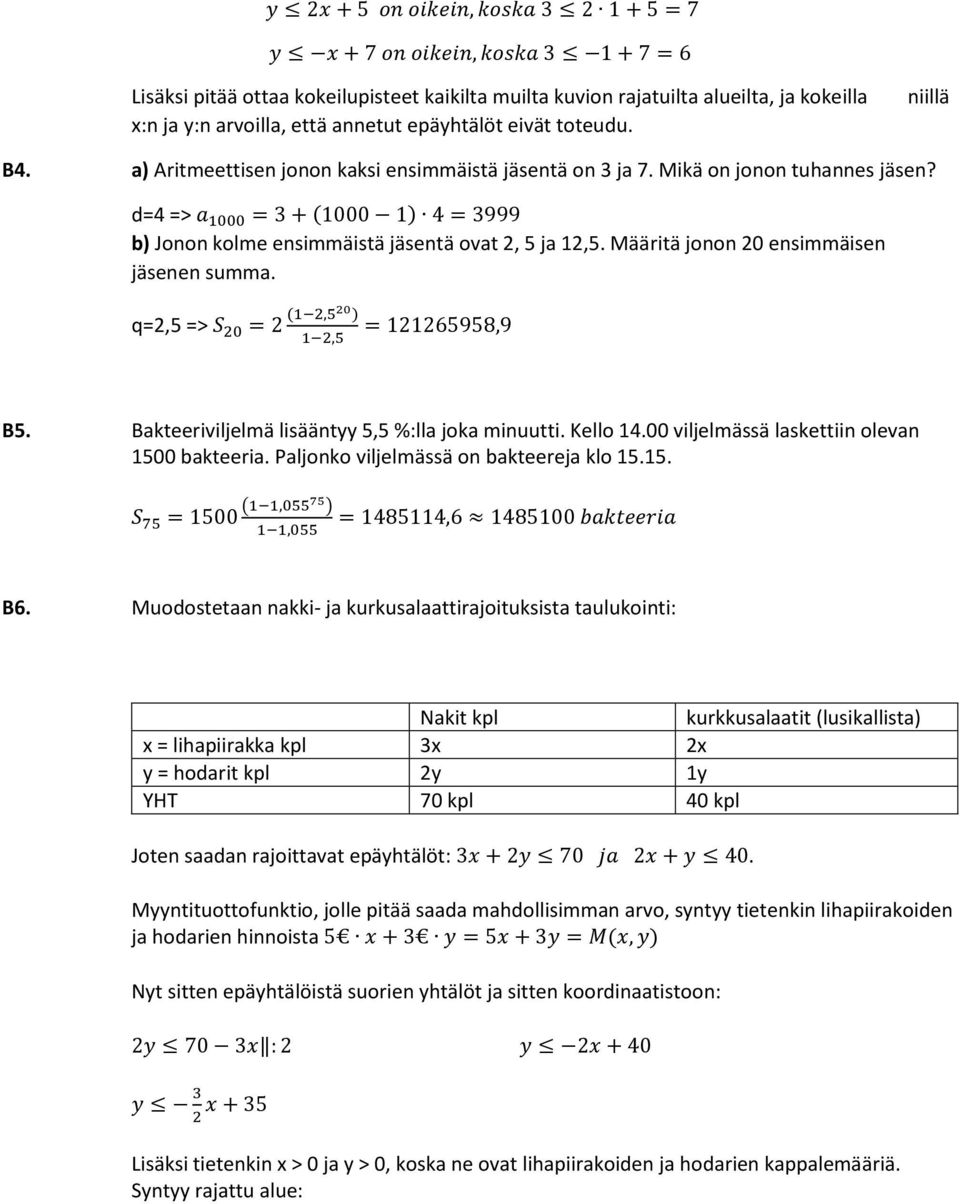 d=4 => a 1000 = 3 + (1000 1) 4 = 3999 b) Jonon kolme ensimmäistä jäsentä ovat, 5 ja 1,5. Määritä jonon 0 ensimmäisen jäsenen summa. q=,5 => S 0 = (1,50 ) 1,5 = 1165958,9 B5.