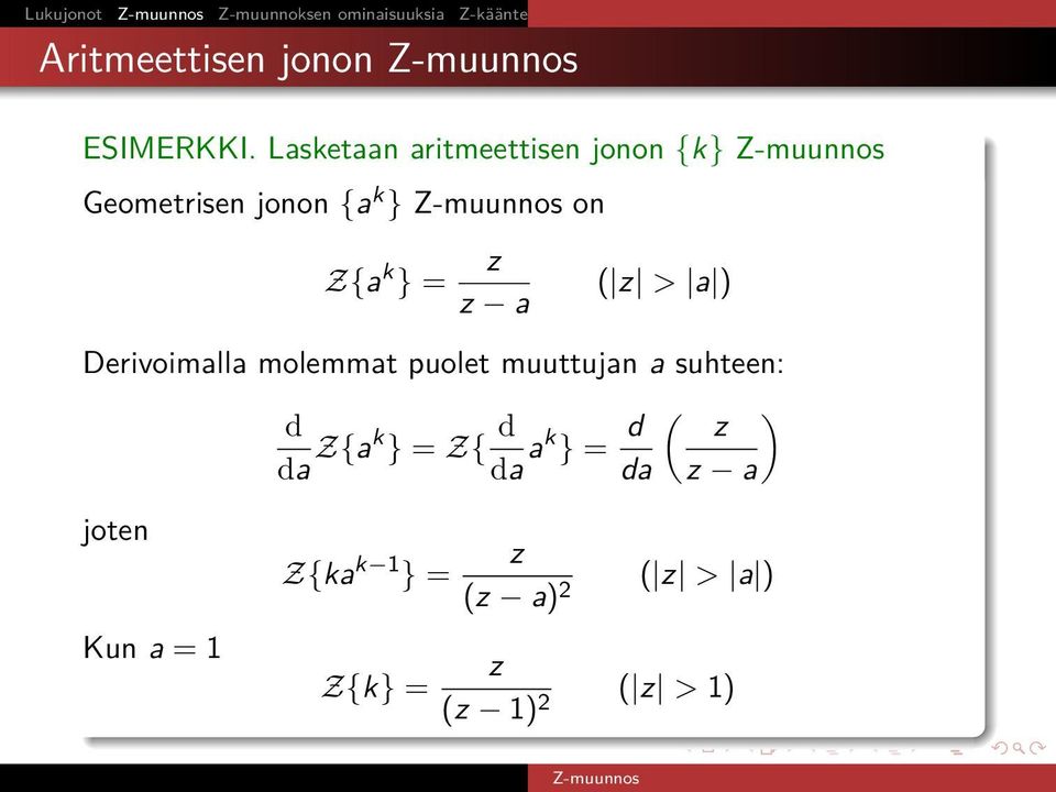 Lasketaan aritmeettisen jonon {k} Geometrisen jonon {a k } on Z{a k } = a ( > a )