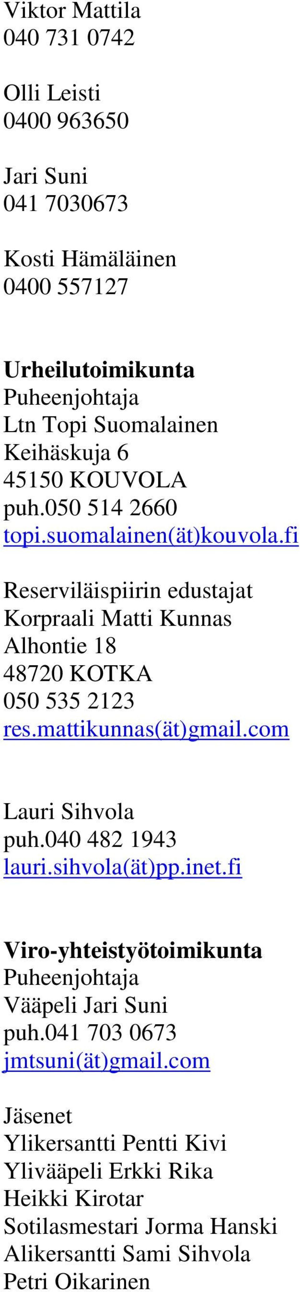 fi Reserviläispiirin edustajat Korpraali Matti Kunnas Alhontie 18 48720 KOTKA 050 535 2123 res.mattikunnas(ät)gmail.com Lauri Sihvola puh.040 482 1943 lauri.