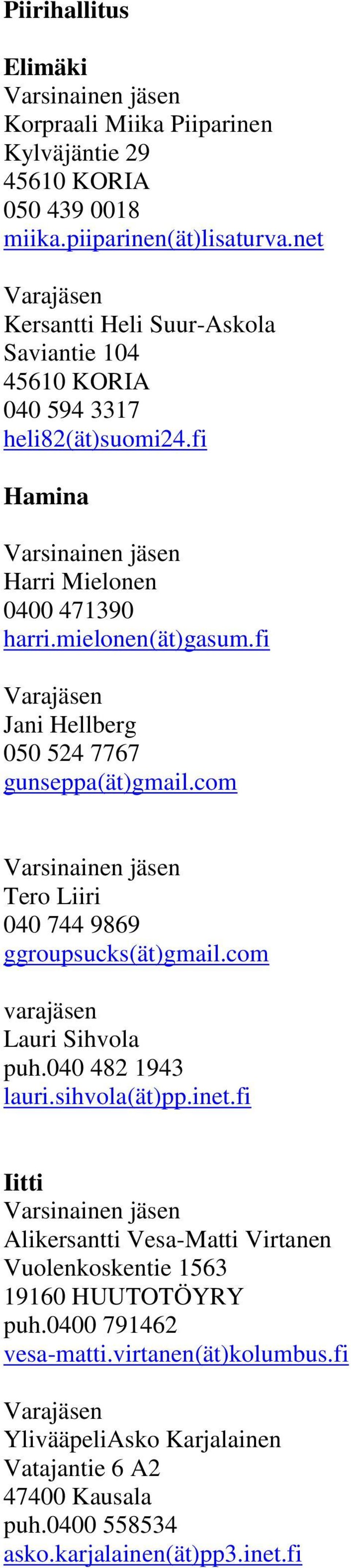 fi Jani Hellberg 050 524 7767 gunseppa(ät)gmail.com Tero Liiri 040 744 9869 ggroupsucks(ät)gmail.com varajäsen Lauri Sihvola puh.040 482 1943 lauri.sihvola(ät)pp.inet.