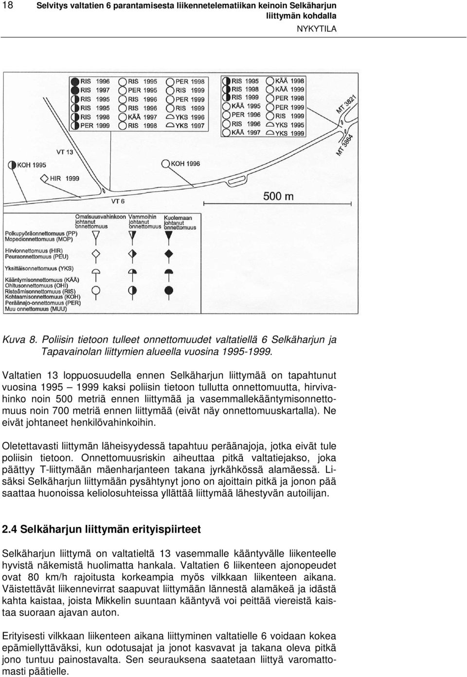 Valtatien 13 loppuosuudella ennen Selkäharjun liittymää on tapahtunut vuosina 1995 1999 kaksi poliisin tietoon tullutta onnettomuutta, hirvivahinko noin 500 metriä ennen liittymää ja