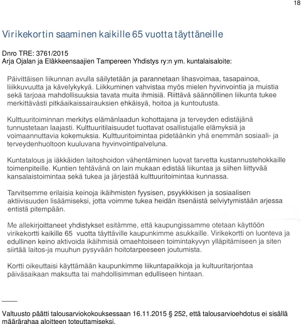 kuntalaisaloite: Valtuusto päätti talousarviokokouksessaan 16.11.