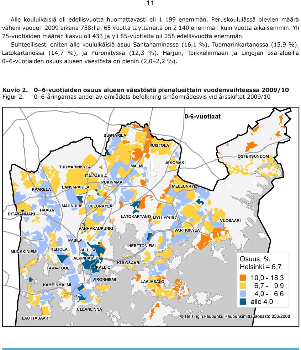 Suhteellisesti eniten alle kouluikäisiä asuu Santahaminassa (16,1 %), Tuomarinkartanossa (15,9 %), Latokartanossa (14,7 %), ja Puroniityssä (12,3 %).