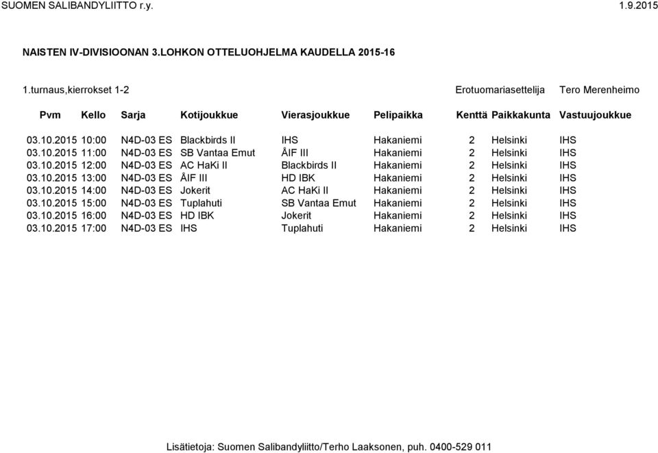 10.2015 15:00 N4D-03 ES Tuplahuti SB Vantaa Emut Hakaniemi 2 Helsinki IHS 03.10.2015 16:00 N4D-03 ES HD IBK Jokerit Hakaniemi 2 Helsinki IHS 03.10.2015 17:00 N4D-03 ES IHS Tuplahuti Hakaniemi 2 Helsinki IHS