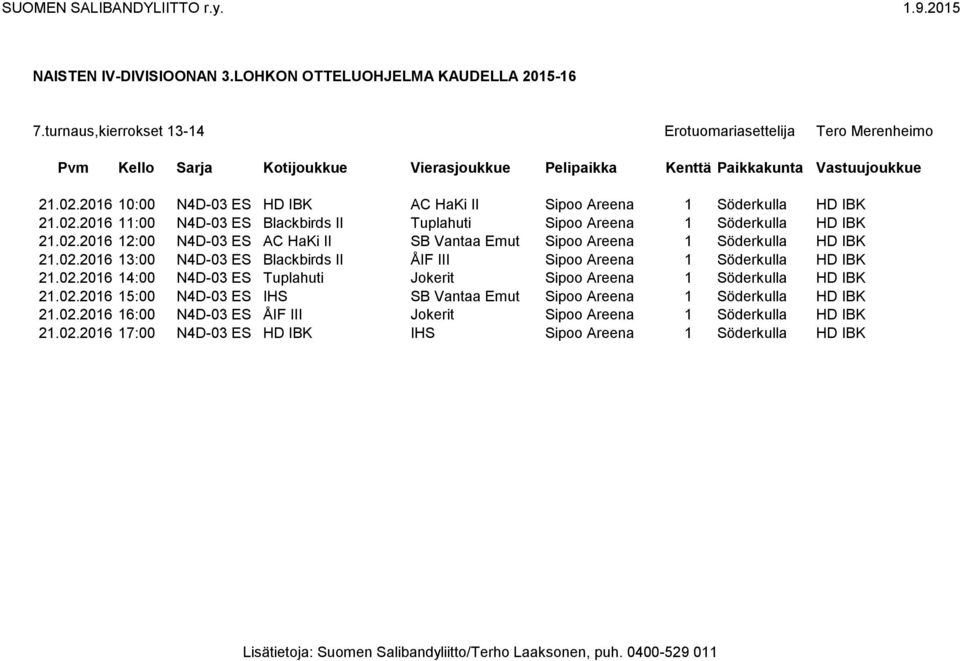 02.2016 15:00 N4D-03 ES IHS SB Vantaa Emut Sipoo Areena 1 Söderkulla HD IBK 21.02.2016 16:00 N4D-03 ES ÅIF III Jokerit Sipoo Areena 1 Söderkulla HD IBK 21.02.2016 17:00 N4D-03 ES HD IBK IHS Sipoo Areena 1 Söderkulla HD IBK